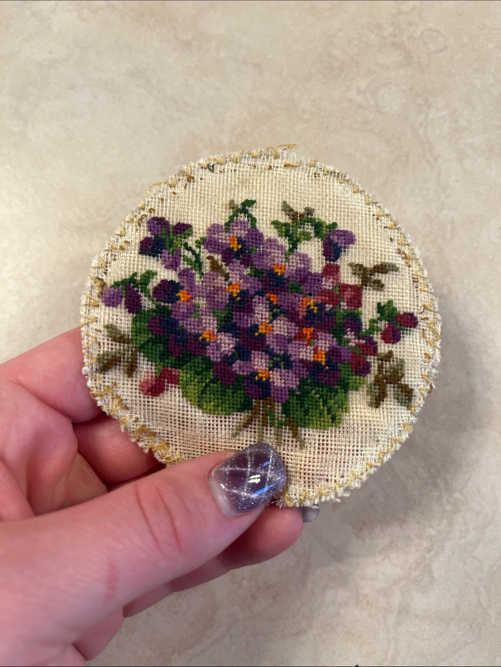 Vintage Handmade Needlepoint Violet Floral Embroidered Cottagecore Decor